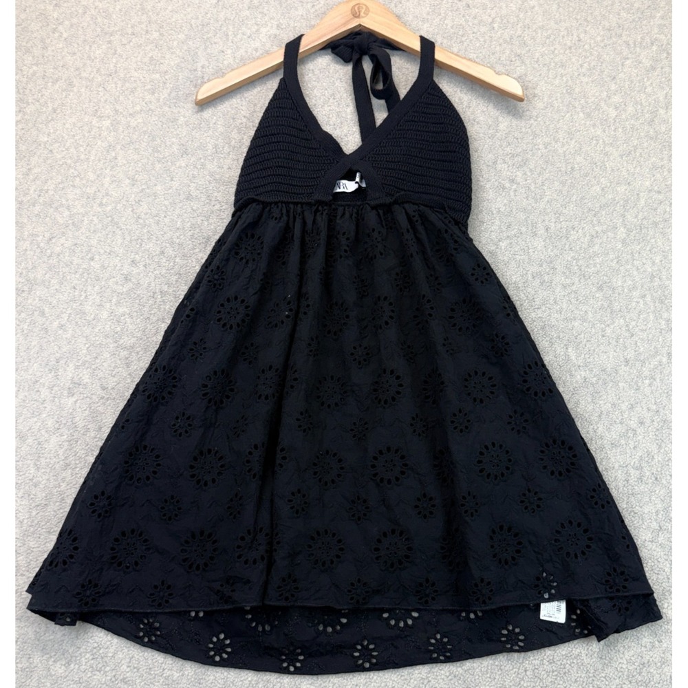 Zara Womens Halter Mini Dress Black Eyelet Knit Bodice Die Cutwork Summer M